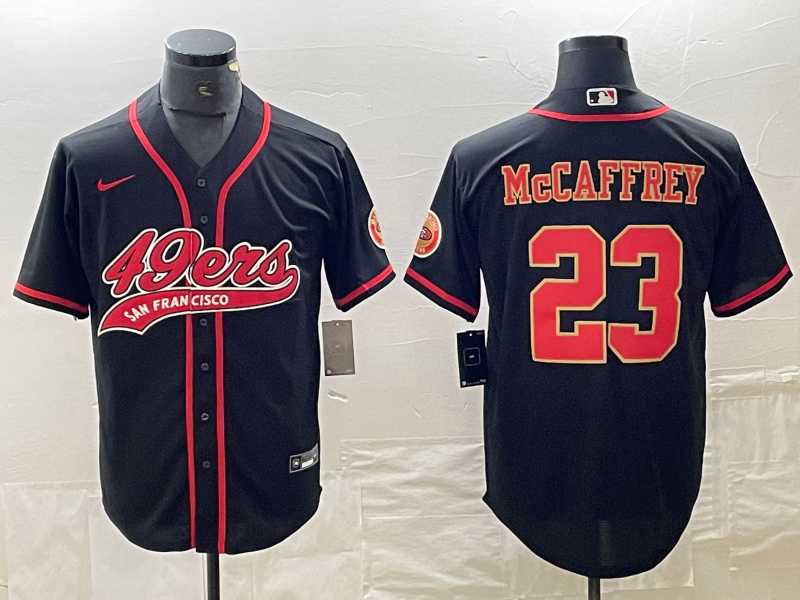 Mens San Francisco 49ers #23 Christian McCaffrey Black Red With Patch Cool Base Stitched Baseball Jersey